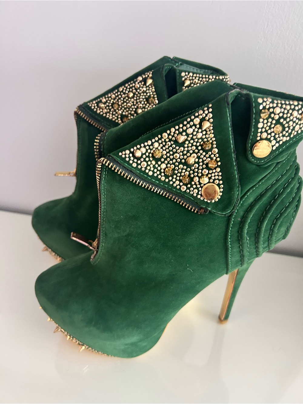 Green Studded Velvet High-Heel Ankle Boots - Designer Style Platform Shoes